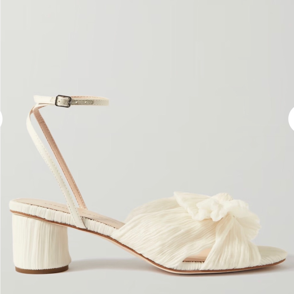 Loeffler Randall Cream Pleated Bow Block Heel Sandals
